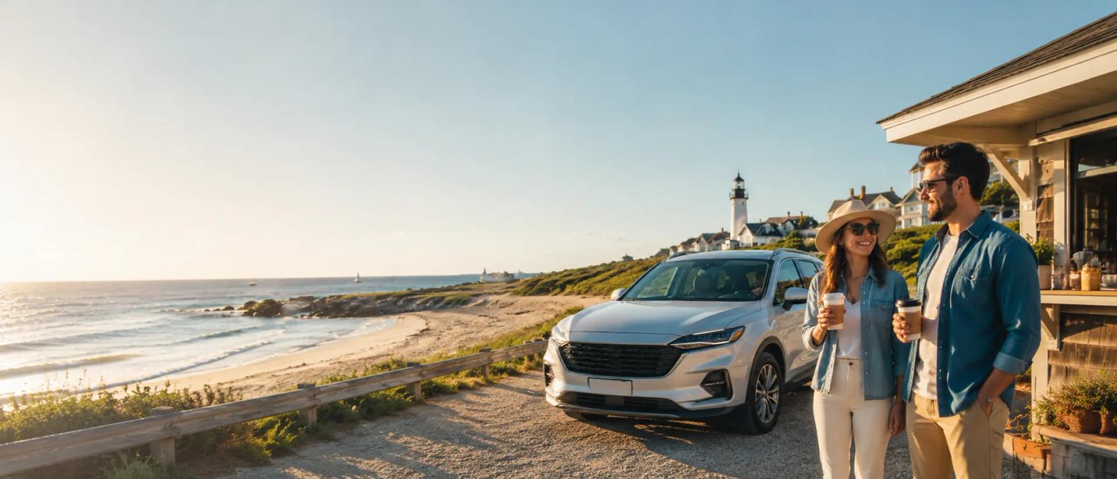 New SUV on a Delaware Valley coastal road at sunset