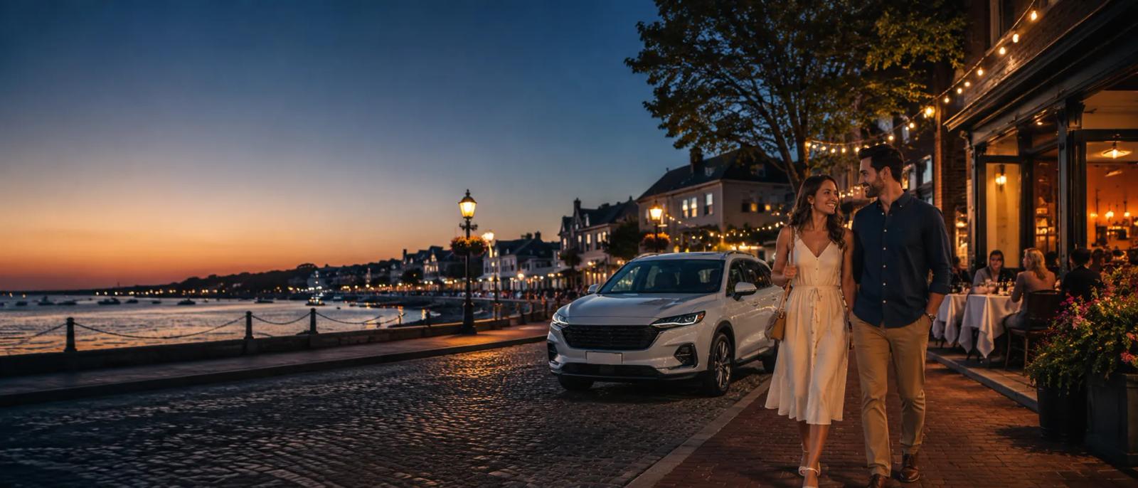 New SUV on a Delaware Valley coastal road at sunset